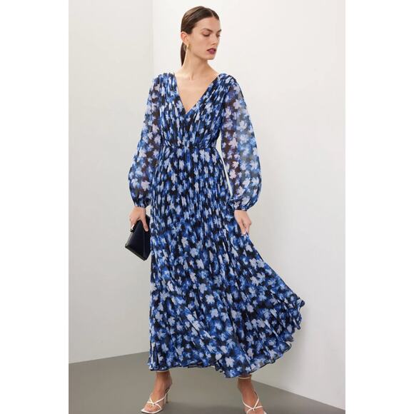 ML MONIQUE LHUILLIER Blue Black Melanie V-Neck Maxi Chiffon Dress size 6 - Picture 1 of 11
